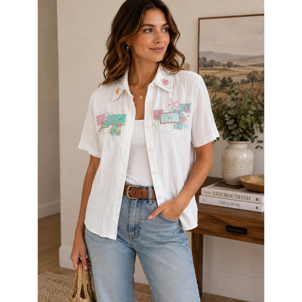 Napa Valley Petite Womens S Embroidered shirt White Floral Patchwork Cottagecore